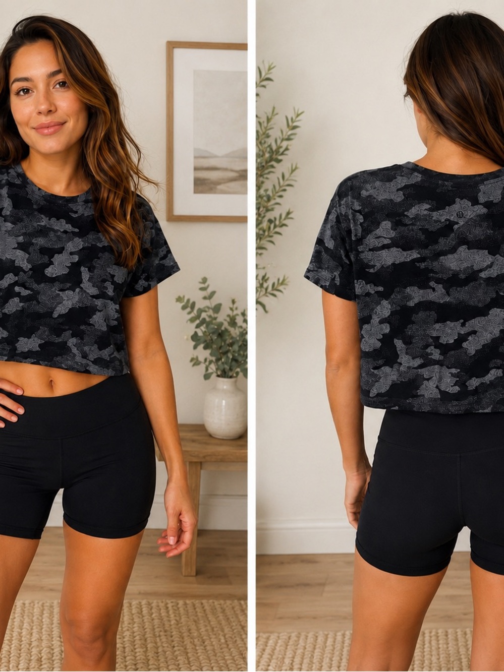Lululemon Cropped Black Gray Camo Tee - Women